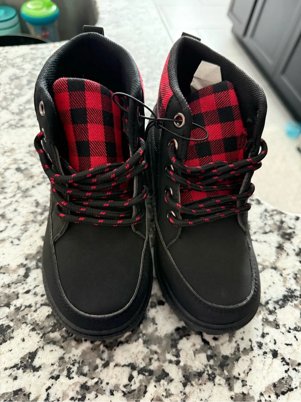 Kids Black Boots with Red Plaid Accent - Lace-Up Outdoor Style
